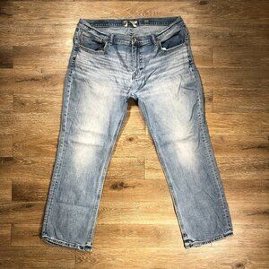BKE Derek Men's 38S (40x29) Bootleg Jeans Light Wash Fade Stretch Thick Stitch